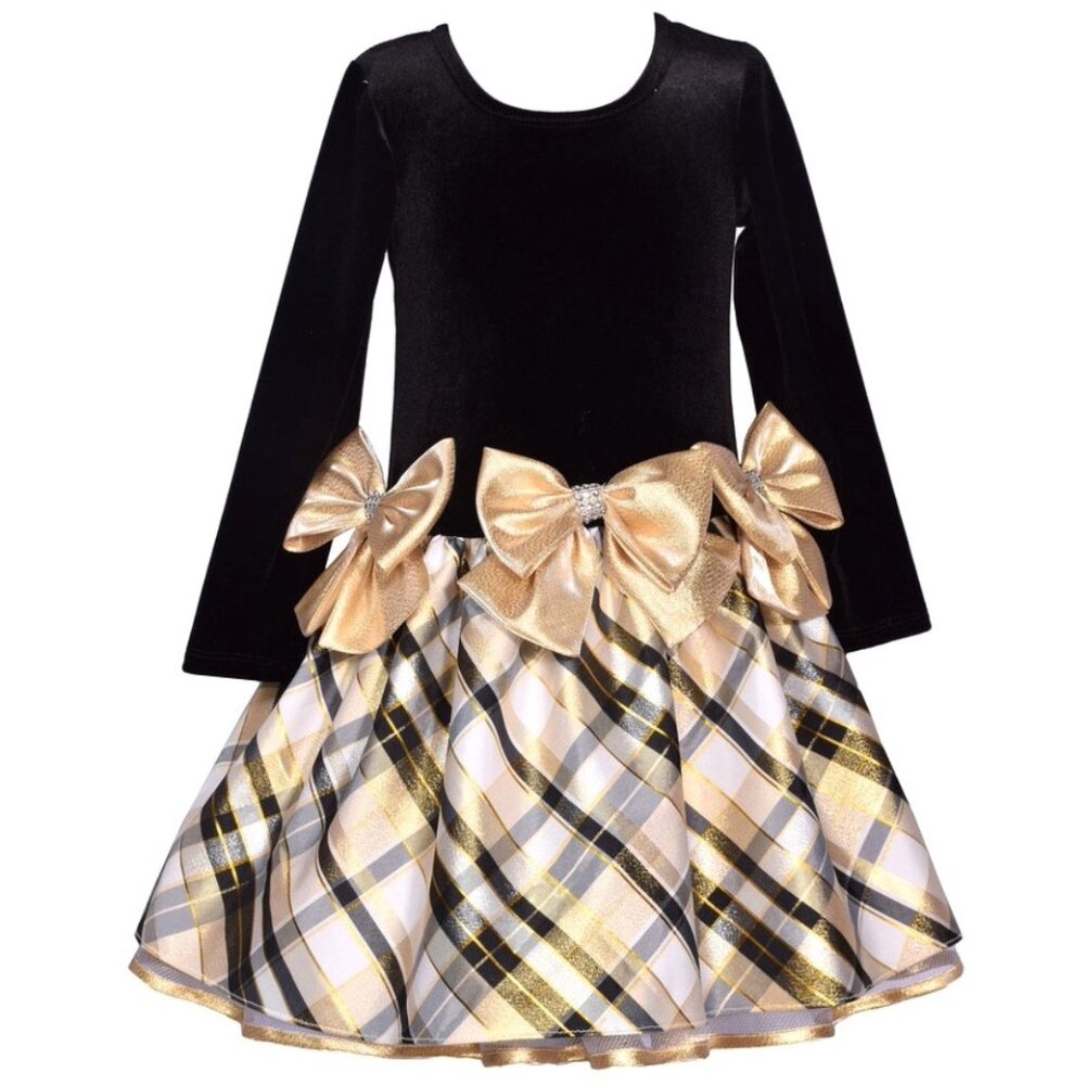 NEW Bonnie Jean Girls 7-16 Black Velvet Gold Taffeta Bows Dress